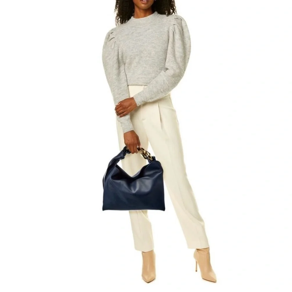 Leather Top-Handle Tote in Navy with Gold Chain Detail